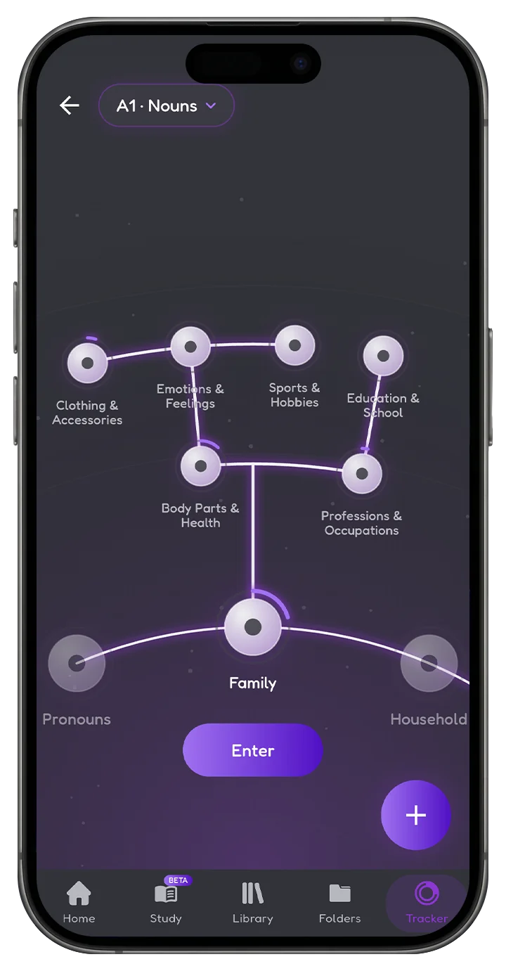 The Progress Tracker's category map, showing noun categories branching out from Family